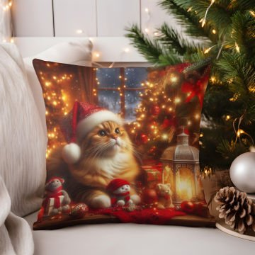 Yılbaşı Koleksiyonu- Christmas Cat Yılbaşı Kostümlü Kediler 2'li Kumaş Kırlent Paneli Dikilmemiş