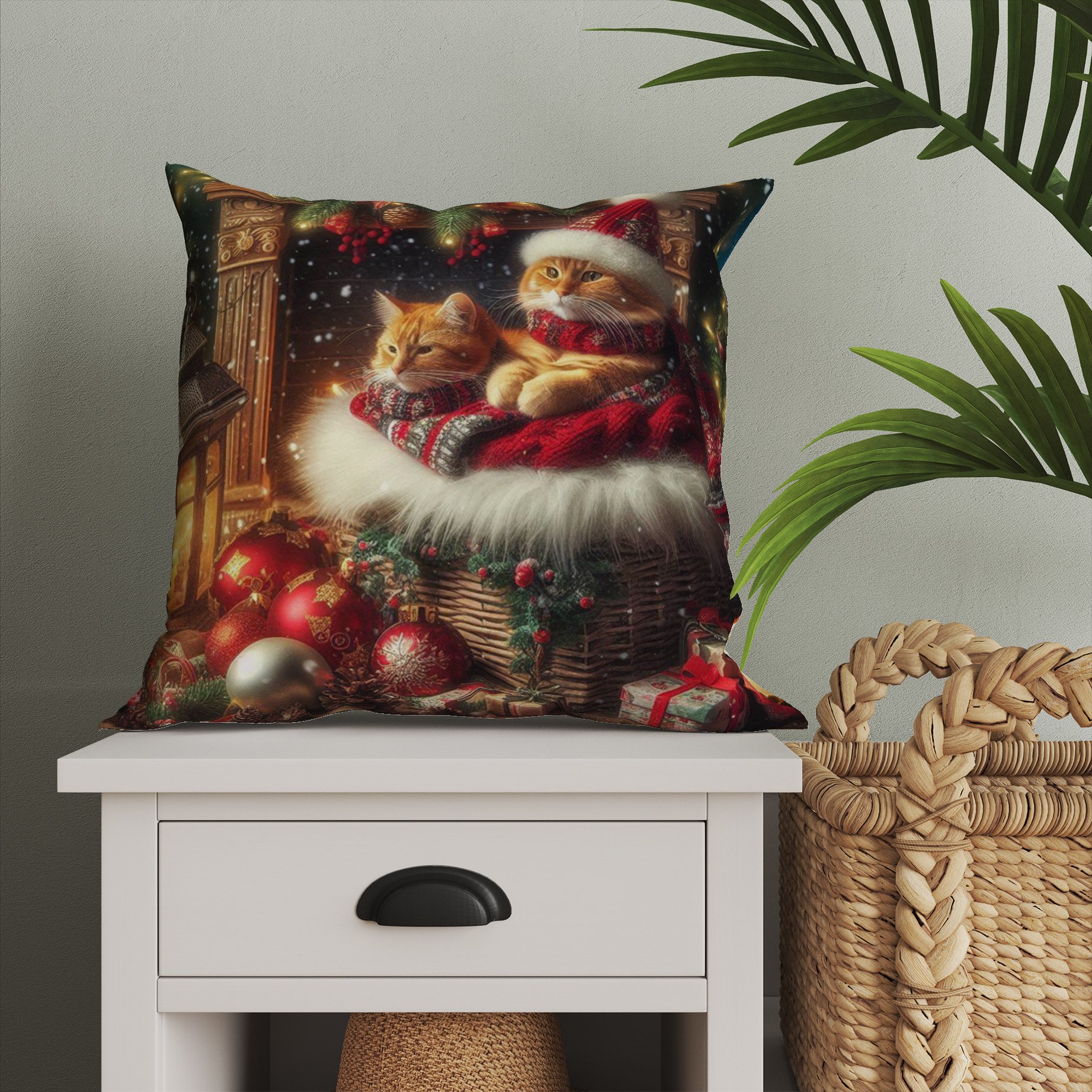 Yılbaşı Koleksiyonu- Christmas Cat Yılbaşı Kostümlü Kediler 2'li Kumaş Kırlent Paneli Dikilmemiş