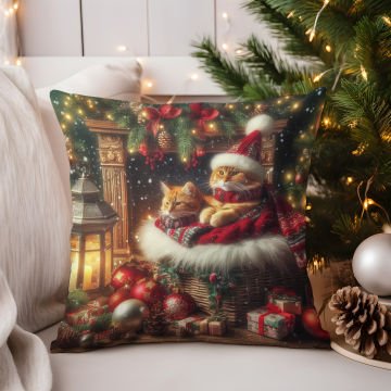 Yılbaşı Koleksiyonu- Christmas Cat Yılbaşı Kostümlü Kediler 2'li Kumaş Kırlent Paneli Dikilmemiş