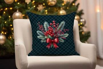 Yılbaşı Koleksiyonu- 45x45 cm Dikilmemiş 2’li Kırlent Paneli – Ekose Zeminli Yılbaşı Kokina Buketi