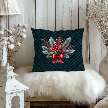 Yılbaşı Koleksiyonu- 45x45 cm Dikilmemiş 2’li Kırlent Paneli – Ekose Zeminli Yılbaşı Kokina Buketi