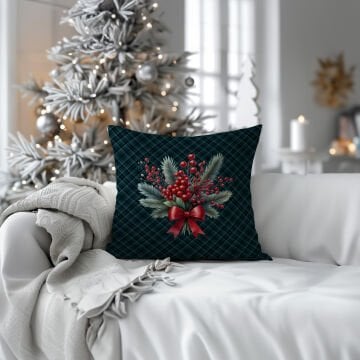 Yılbaşı Koleksiyonu- 45x45 cm Dikilmemiş 2’li Kırlent Paneli – Ekose Zeminli Yılbaşı Kokina Buketi