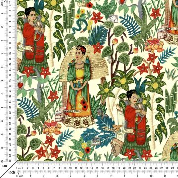 Krem Zemin Üzerine Frida Kahlo Desenli Kumaş(SONBAHAR İNDİRİMİ)