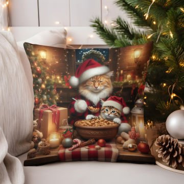 Yılbaşı Koleksiyonu- Christmas Cat Yılbaşı Kostümlü Kediler 2'li Kumaş Kırlent Paneli Dikilmemiş