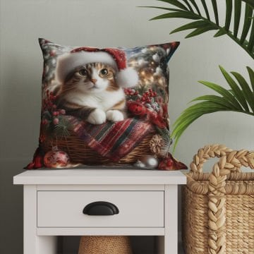 Yılbaşı Koleksiyonu- Christmas Cat Yılbaşı Kostümlü Kediler 2'li Kumaş Kırlent Paneli Dikilmemiş