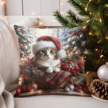 Yılbaşı Koleksiyonu- Christmas Cat Yılbaşı Kostümlü Kediler 2'li Kumaş Kırlent Paneli Dikilmemiş