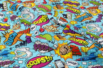 Mavi Zemin Üzerine Popart Desenli Dijital Baskılı Kumaş