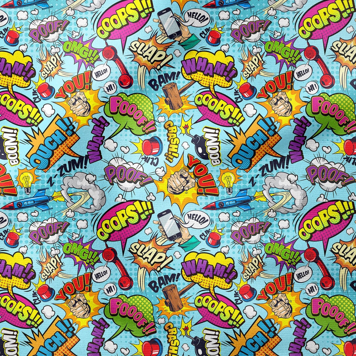 Mavi Zemin Üzerine Popart Desenli Dijital Baskılı Kumaş