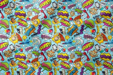 Mavi Zemin Üzerine Popart Desenli Dijital Baskılı Kumaş