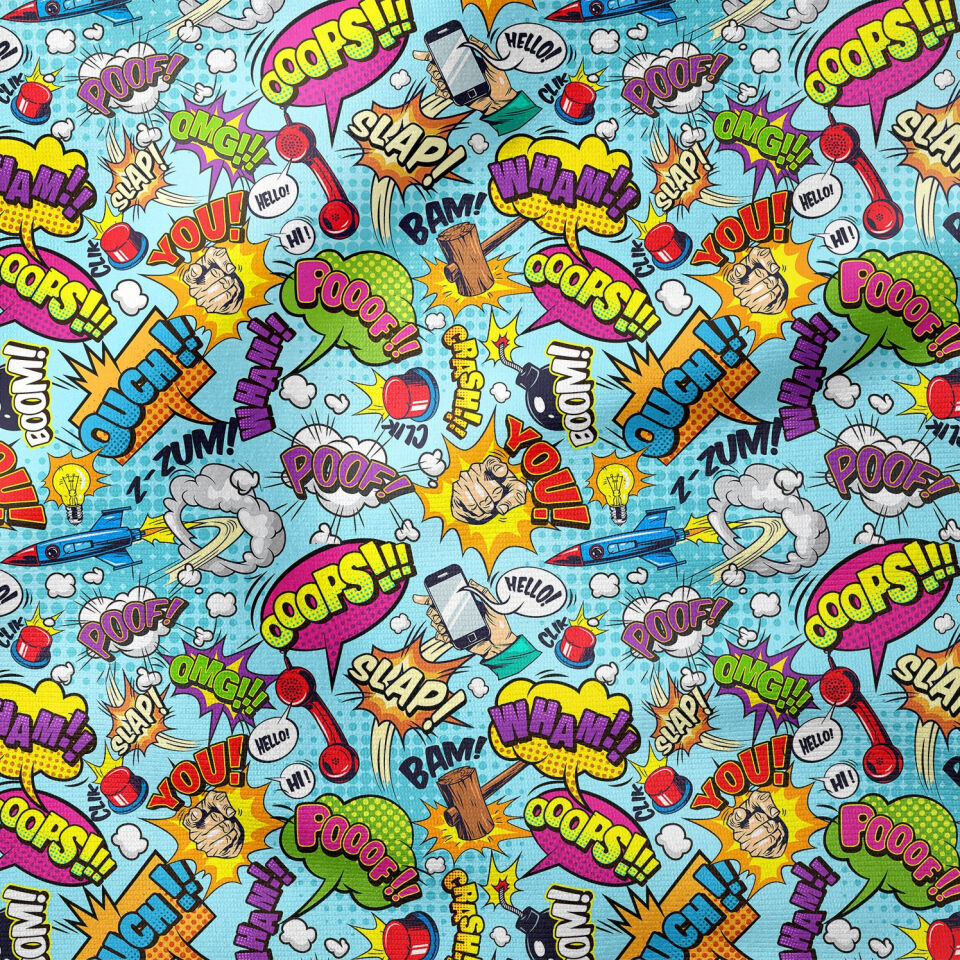 Mavi Zemin Üzerine Popart Desenli Dijital Baskılı Kumaş