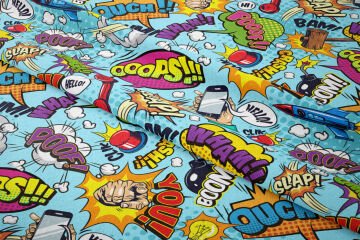 Mavi Zemin Üzerine Popart Desenli Dijital Baskılı Kumaş
