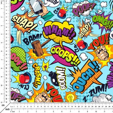 Mavi Zemin Üzerine Popart Desenli Dijital Baskılı Kumaş