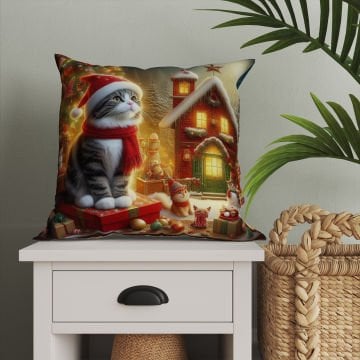 Yılbaşı Koleksiyonu- Christmas Cat Yılbaşı Kostümlü Kediler 2'li Kumaş Kırlent Paneli Dikilmemiş