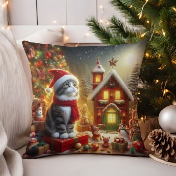 Yılbaşı Koleksiyonu- Christmas Cat Yılbaşı Kostümlü Kediler 2'li Kumaş Kırlent Paneli Dikilmemiş