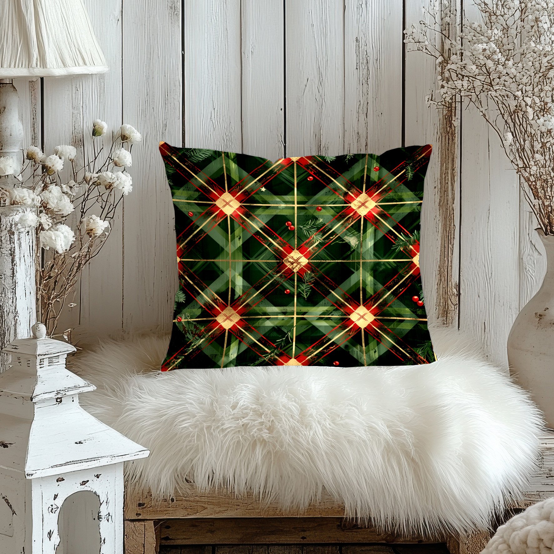 Yılbaşı Koleksiyonu- 45x45 cm Dikilmemiş 2’li Kırlent Paneli – Kokina Çiçekleri Ekose