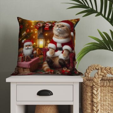 Yılbaşı Koleksiyonu- Christmas Cat Yılbaşı Kostümlü Kediler 2'li Kumaş Kırlent Paneli Dikilmemiş