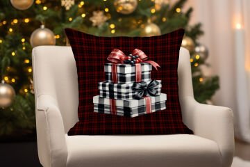 Yılbaşı Koleksiyonu- 45x45 cm Dikilmemiş 2’li Kırlent Paneli – Ekose Zemin Üzerinde Hediye Paketleri