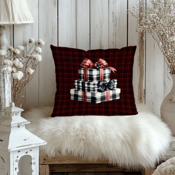 Yılbaşı Koleksiyonu- 45x45 cm Dikilmemiş 2’li Kırlent Paneli – Ekose Zemin Üzerinde Hediye Paketleri