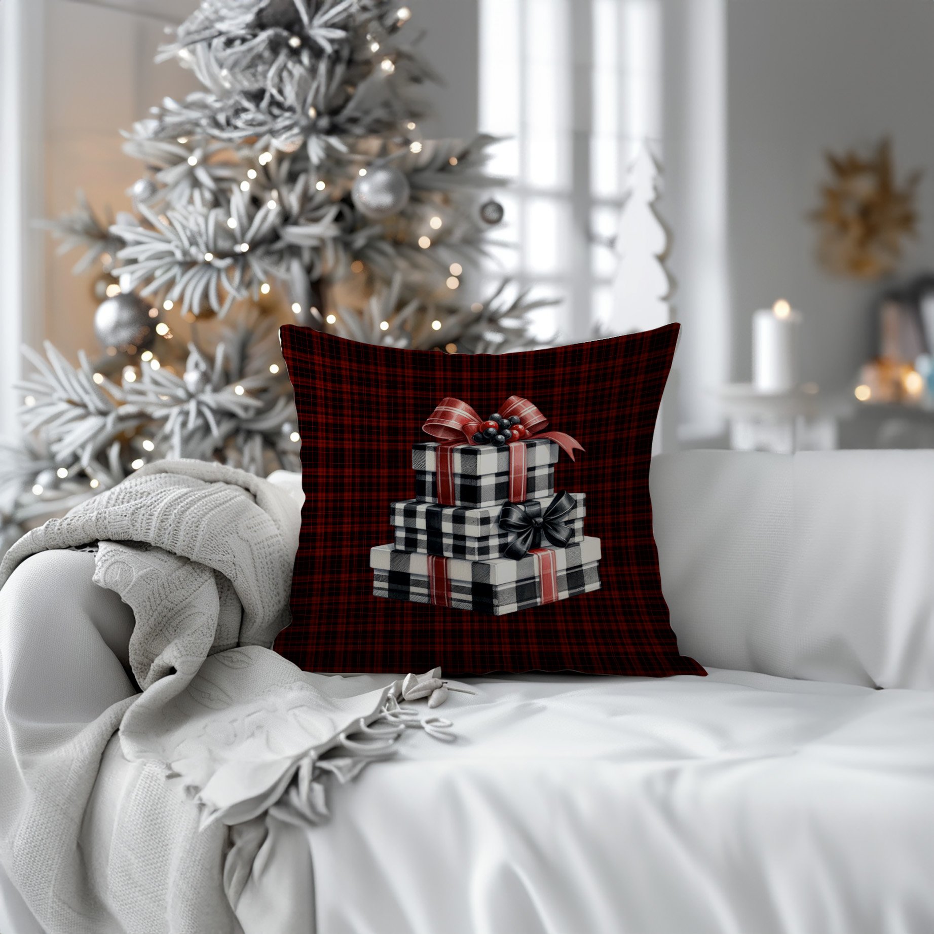 Yılbaşı Koleksiyonu- 45x45 cm Dikilmemiş 2’li Kırlent Paneli – Ekose Zemin Üzerinde Hediye Paketleri