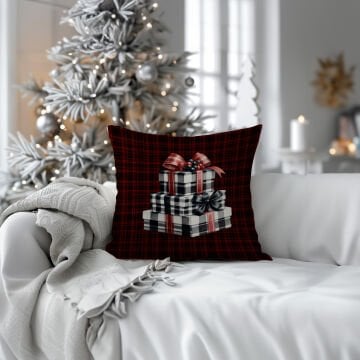 Yılbaşı Koleksiyonu- 45x45 cm Dikilmemiş 2’li Kırlent Paneli – Ekose Zemin Üzerinde Hediye Paketleri