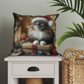 Yılbaşı Koleksiyonu- Christmas Cat Yılbaşı Kostümlü Kediler 2'li Kumaş Kırlent Paneli Dikilmemiş