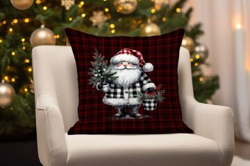 Yılbaşı Koleksiyonu- 45x45 cm Dikilmemiş 2’li Kırlent Paneli – Ekose Zemin Üzerinde Noel Baba