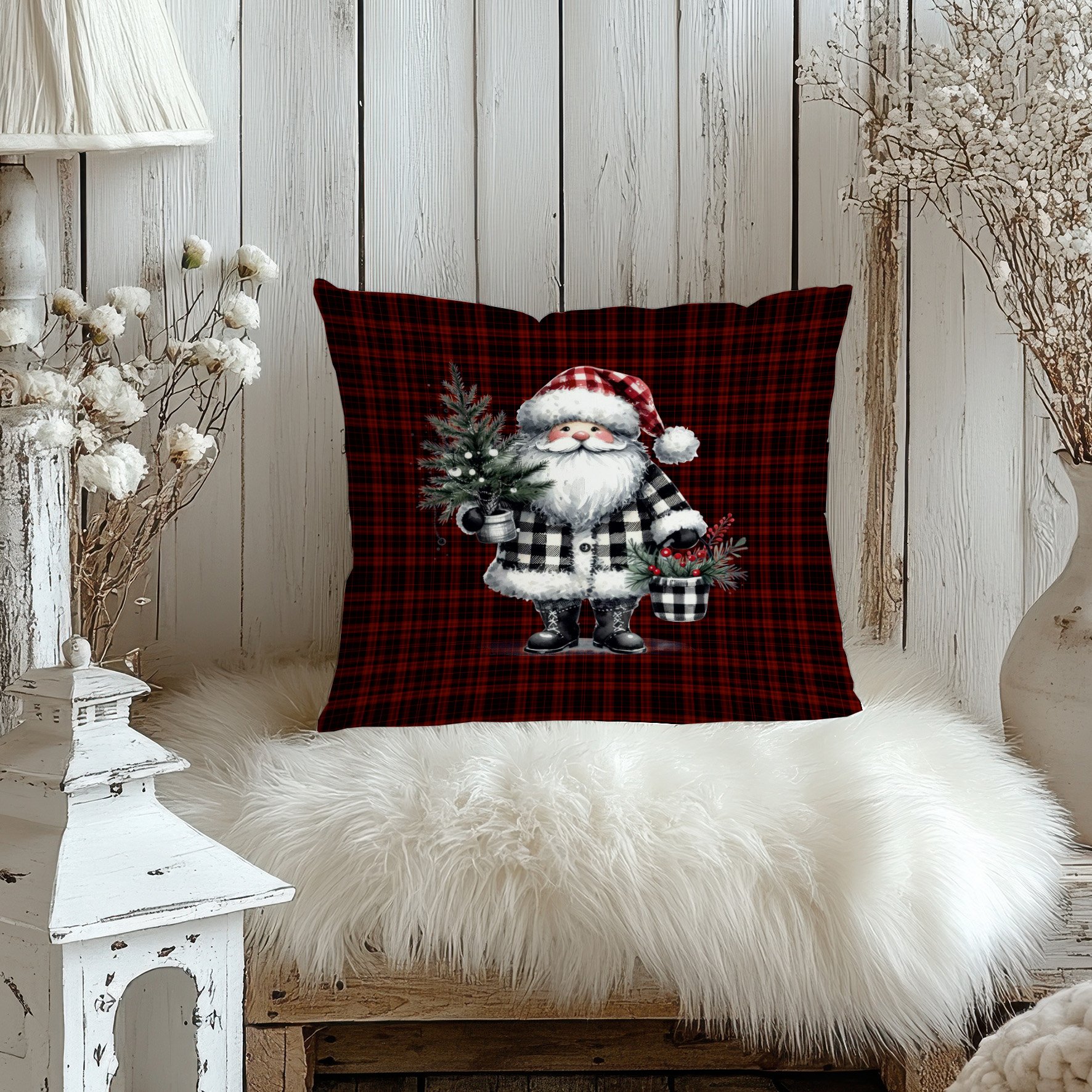 Yılbaşı Koleksiyonu- 45x45 cm Dikilmemiş 2’li Kırlent Paneli – Ekose Zemin Üzerinde Noel Baba