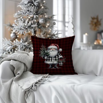 Yılbaşı Koleksiyonu- 45x45 cm Dikilmemiş 2’li Kırlent Paneli – Ekose Zemin Üzerinde Noel Baba