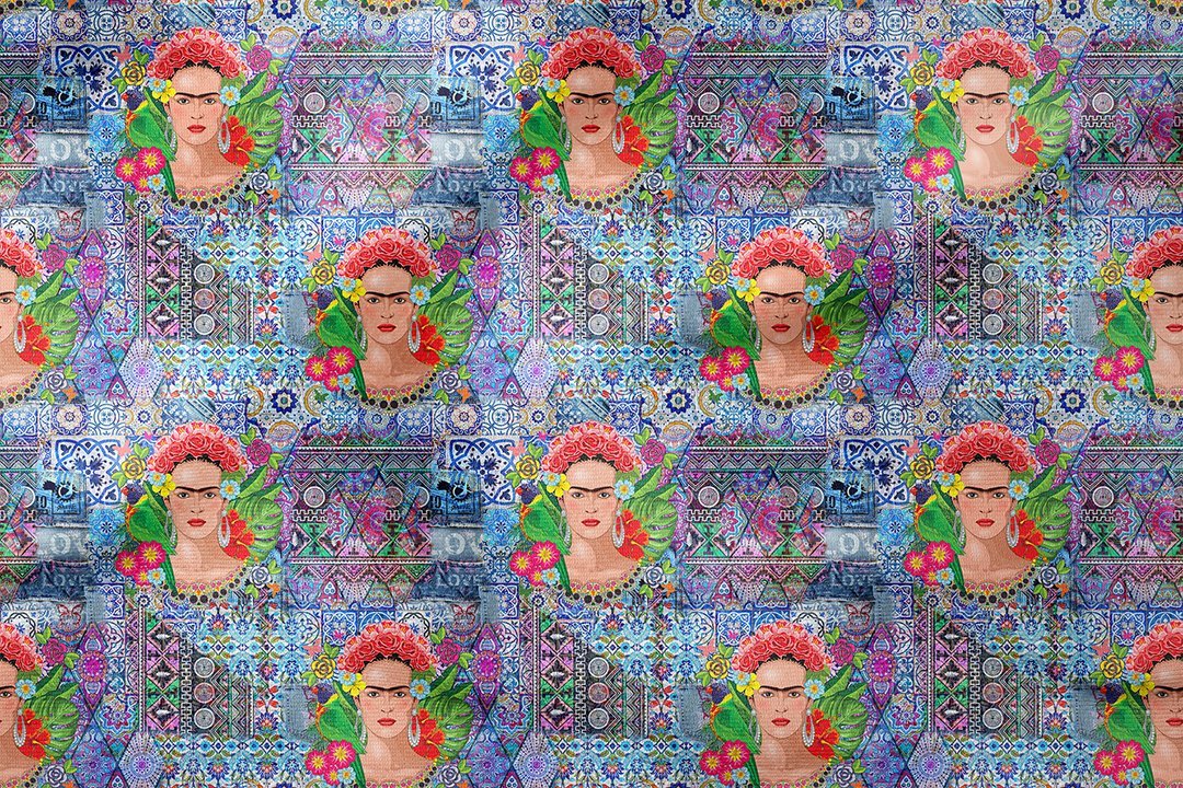 Çini Zeminli Frida Kahlo Desenli Dijital Baskılı Kumaş(SONBAHAR İNDİRİMİ)