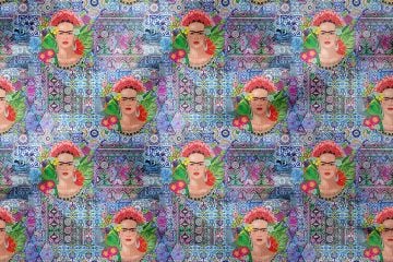 Çini Zeminli Frida Kahlo Desenli Dijital Baskılı Kumaş(SONBAHAR İNDİRİMİ)