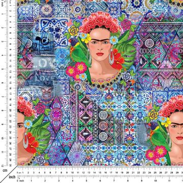 Çini Zeminli Frida Kahlo Desenli Dijital Baskılı Kumaş(SONBAHAR İNDİRİMİ)