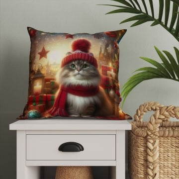 Yılbaşı Koleksiyonu- Christmas Cat Yılbaşı Kostümlü Kediler 2'li Kumaş Kırlent Paneli Dikilmemiş