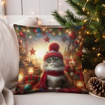 Yılbaşı Koleksiyonu- Christmas Cat Yılbaşı Kostümlü Kediler 2'li Kumaş Kırlent Paneli Dikilmemiş
