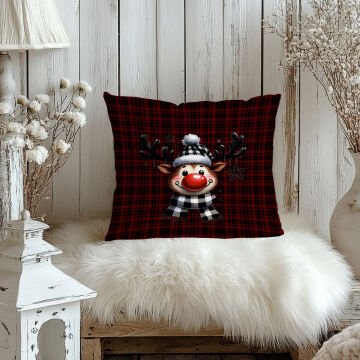 Yılbaşı Koleksiyonu- 45x45 cm Dikilmemiş 2’li Kırlent Paneli – Ekose Zemin Üzerinde Sevimli Geyik