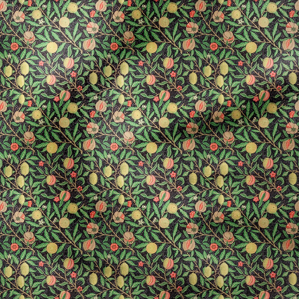 Siyah Zemin Meyve Dalları William Morris Kumaş | Petek Dokulu Dekoratif Kumaş 143 cm