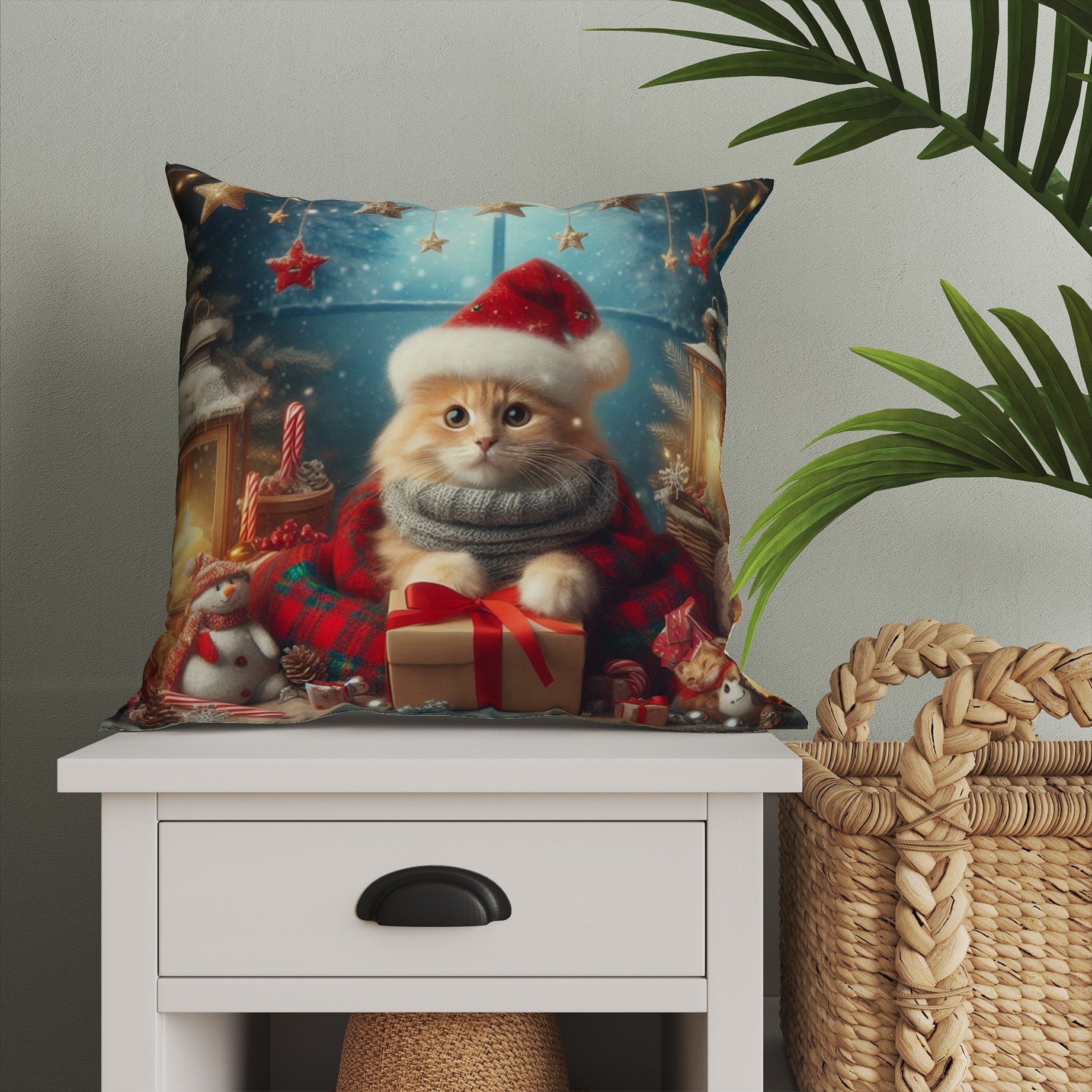 Yılbaşı Koleksiyonu- Christmas Cat Yılbaşı Kostümlü Kediler 2'li Kumaş Kırlent Paneli Dikilmemiş