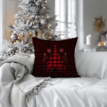 Yılbaşı Koleksiyonu- 45x45 cm Dikilmemiş 2’li Kırlent Paneli – Ekose Zemin Üzerinde Yılbaşı Ağacı