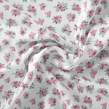 Beyaz Zeminli Pembe Çıtır Çiçek Desenli Kumaş