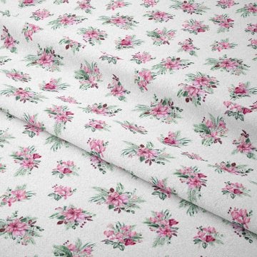 Beyaz Zeminli Pembe Çıtır Çiçek Desenli Kumaş