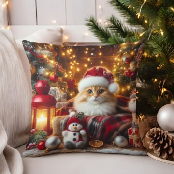 Yılbaşı Koleksiyonu- Christmas Cat Yılbaşı Kostümlü Kediler 2'li Kumaş Kırlent Paneli Dikilmemiş