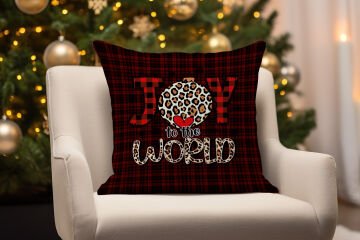 Yılbaşı Koleksiyonu- 45x45 cm Dikilmemiş 2’li Kırlent Paneli – Ekose Zemin Üzerinde Joy To do World