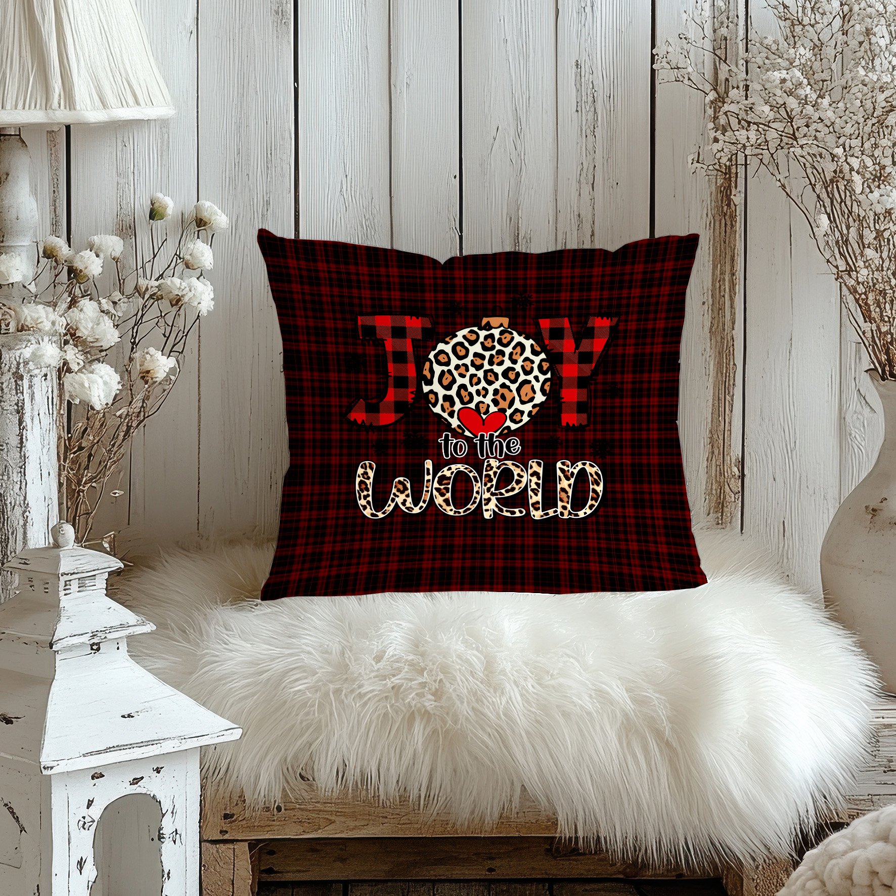 Yılbaşı Koleksiyonu- 45x45 cm Dikilmemiş 2’li Kırlent Paneli – Ekose Zemin Üzerinde Joy To do World