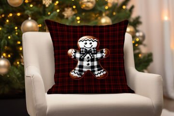 Yılbaşı Koleksiyonu- 45x45 cm Dikilmemiş 2’li Kırlent Paneli – Ekose Zemin Üzerinde Yılbaşı Kurabiyesi