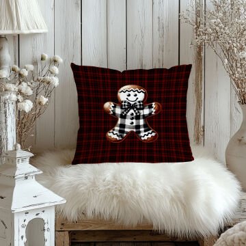 Yılbaşı Koleksiyonu- 45x45 cm Dikilmemiş 2’li Kırlent Paneli – Ekose Zemin Üzerinde Yılbaşı Kurabiyesi