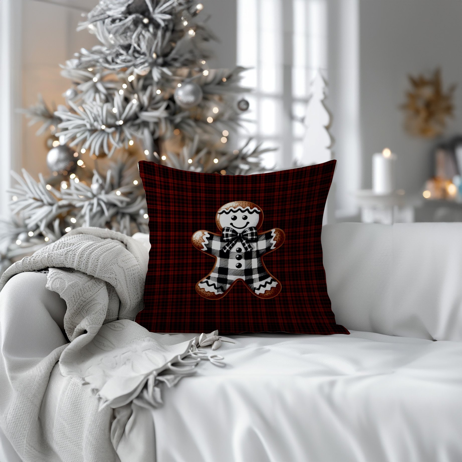 Yılbaşı Koleksiyonu- 45x45 cm Dikilmemiş 2’li Kırlent Paneli – Ekose Zemin Üzerinde Yılbaşı Kurabiyesi