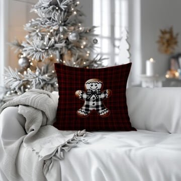 Yılbaşı Koleksiyonu- 45x45 cm Dikilmemiş 2’li Kırlent Paneli – Ekose Zemin Üzerinde Yılbaşı Kurabiyesi