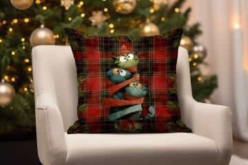 Yılbaşı Koleksiyonu- 45x45 cm Dikilmemiş 2’li Kırlent Paneli – Ekose Zemin Üzerinde Sevimli Kediler