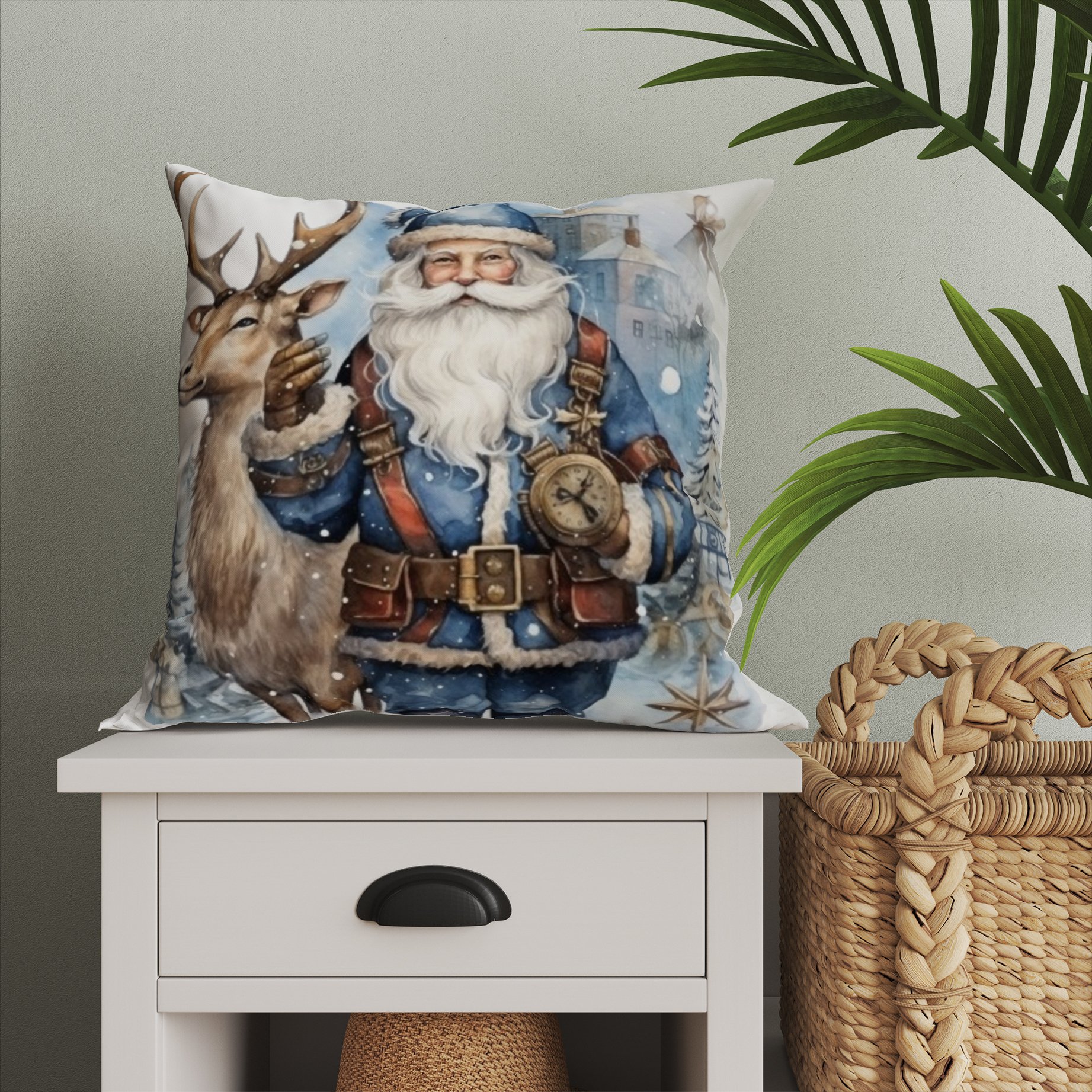Yılbaşı Koleksiyonu- Christmas Santa Claus - Noel Baba ve Yılbaşı Geyikleri 2'li Kumaş Kırlent Paneli Dikilmemiş