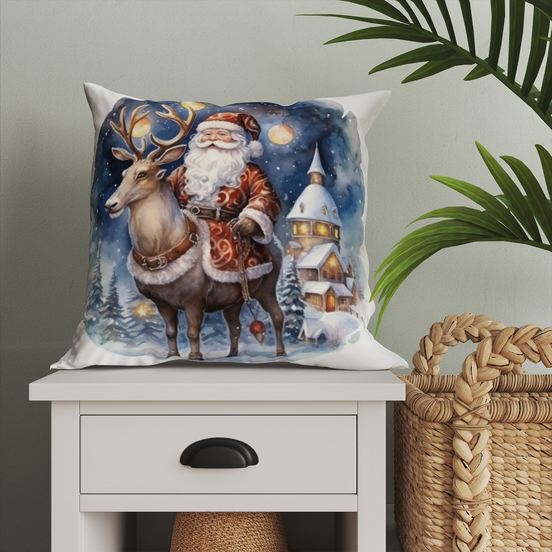 Yılbaşı Koleksiyonu- Christmas Santa Claus - Noel Baba ve Yılbaşı Geyikleri 2'li Kumaş Kırlent Paneli Dikilmemiş
