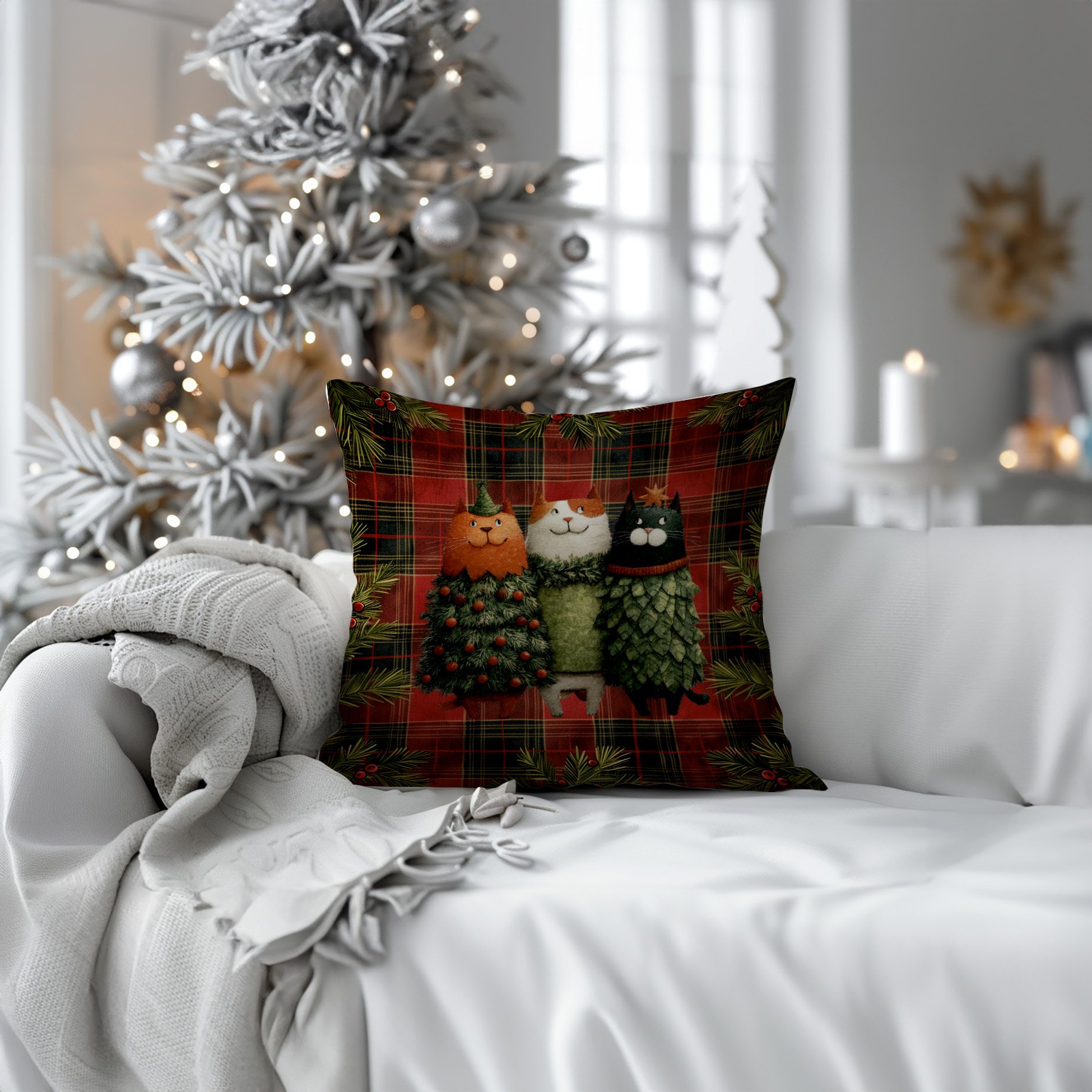 Yılbaşı Koleksiyonu- 45x45 cm Dikilmemiş 2’li Kırlent Paneli – Ekose Zemin Üzerinde Sevimli Kediler